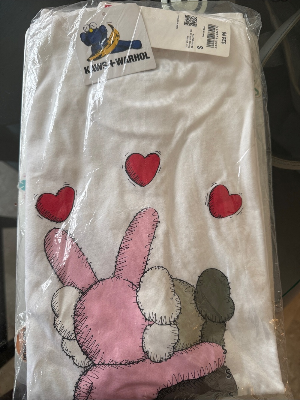 KAWS White Graphic Tee with Pink Bunny and Red Hearts